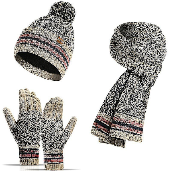 3 kpl Unisex Pompom Pipolaput Huivi Käsineet Setti Jacquard Pehmovuorattu Beige