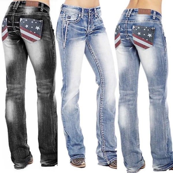 American Flag Stretch Washed Bootcut Jeans For Women High Waist Vintage Byxor Dark Blue M