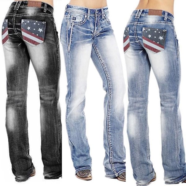 Amerikansk flagga stretch tvättade bootcut jeans för kvinnor hög midja vintage byxor Light Blue XS