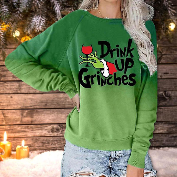 Vihreä kirjainpainatus pitkähihainen festivaali collegepaita naisille joulu Drink Up Grinches painettu toppi XL