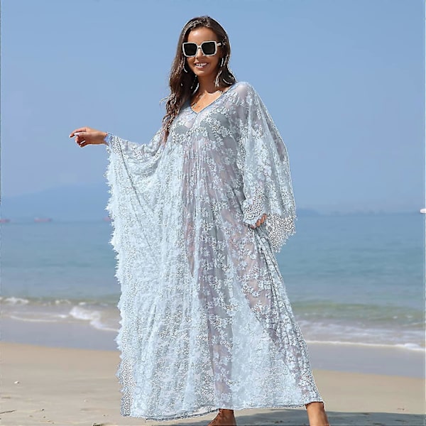 [LCS] Strandöverdrag Boho Spetskimono Plus Size Bikini Robe Baddräkt för kvinnor Solid-MXBC Sky Blue