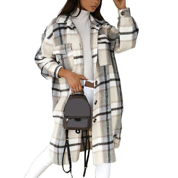 Dame Casual Varm Letvægts Knap Ned Plaid Langærmet Jakke Frakke Almindelig Pasform Til Hjem Og Gray XL