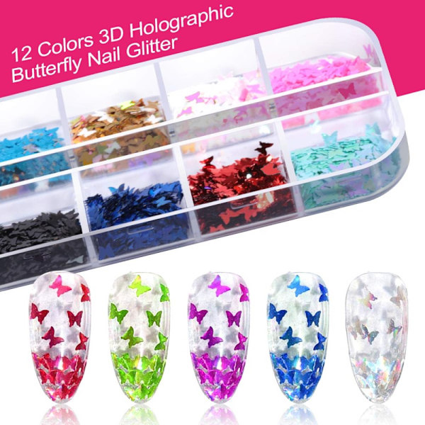 Nagelkonstborste, Teenitor 3D Nagelkonst Dekorationskit med Nagelpenna Designer Dotting Tool Färger Holografisk Fjäril Nagelglitter Folieflingor Nagel