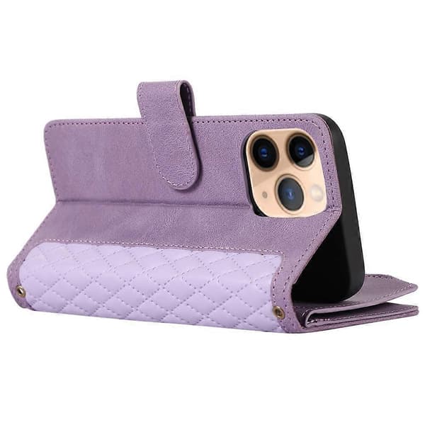 Kompatibelt etui til iPhone 11 Pro med lynlåslomme, læder, 9 kortpladser og håndledsrem Purple