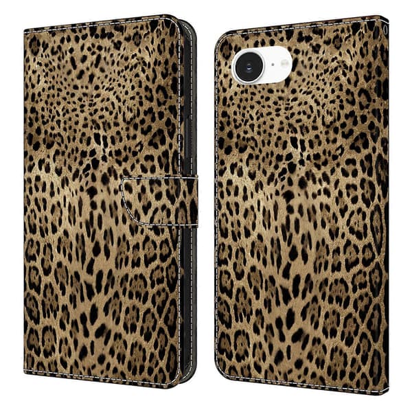 Til iPhone 16e Pung Etui Mønsterprint PU Læder Flip Stand Telefon Cover Leopardprint