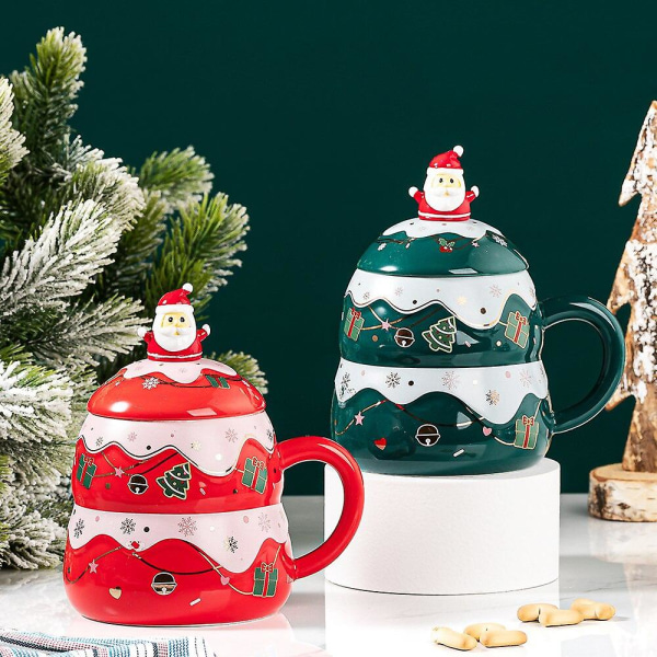 Julgransmugg Jultomten Tecknad Keramisk vattenflaska med lock Sked Utsökt design Romantisk Elegant Lovers Kaffemugg Green
