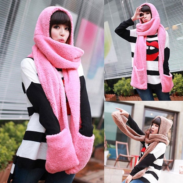 Vinter Varm Dame Hettegenser Hansker Lomme Øreklaff Lue Langt Skjerf Sjal Snood Wraps White