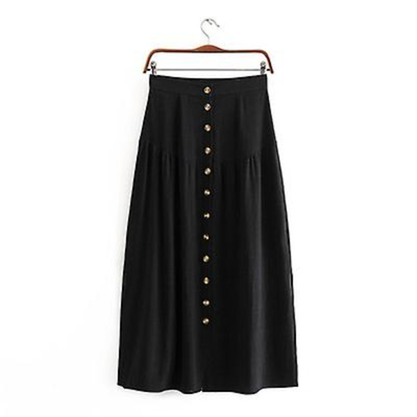Hög midja enkelknäppt slits bomull lång kjol black XL