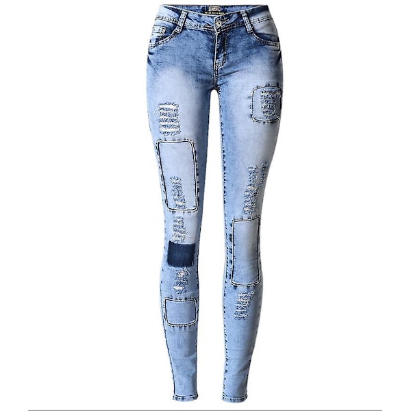 Sexede blå denimstoflapper, slidte skinny stretchjeans 44