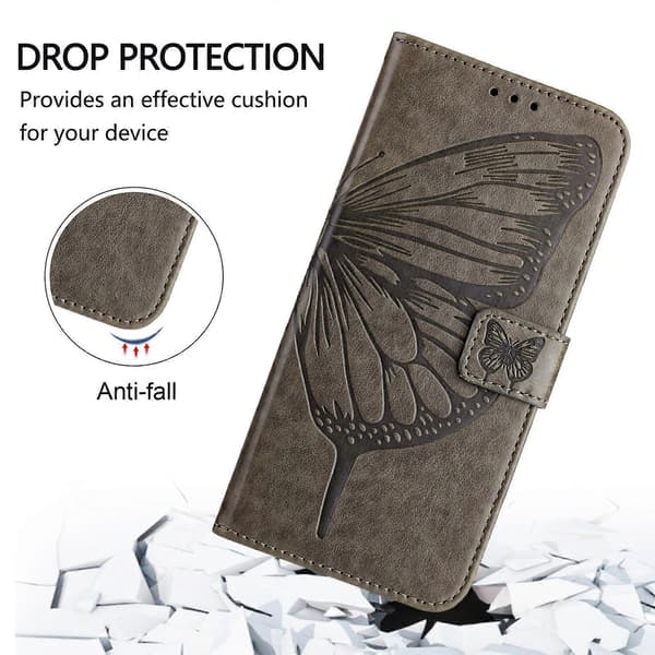 Kohokuvioitu perhonen nahkainen puhelinkotelo Grey For Doogee Note 59 / Note 59 Pro
