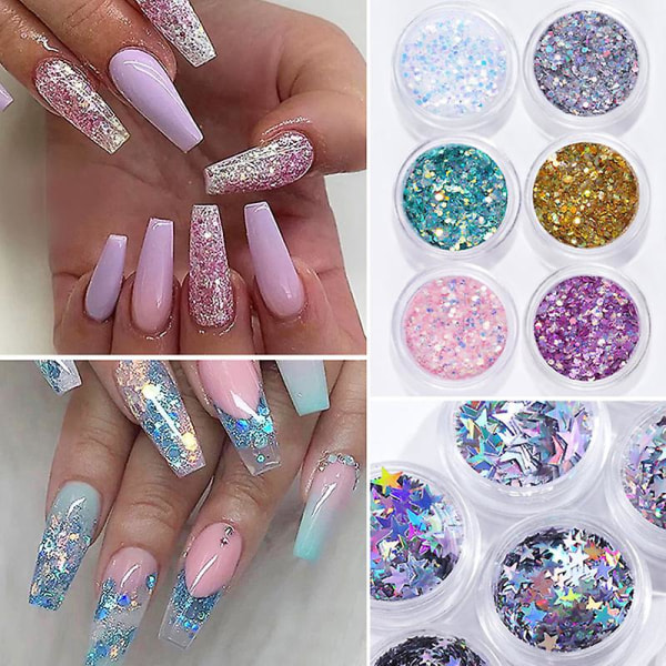 6 st Rosa Sött Nagelglitter Set Holografiskt Nagelpulver Flakes Manikyr Ultratunn Nagelkonst Paljett 5