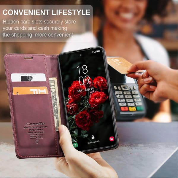 Til Samsung Galaxy S24 FE Case 013 Series Kortholder Stativ Læder Telefon Cover - Kaffe Multicolor Red