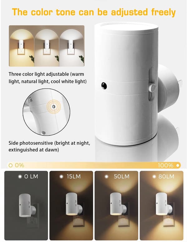 [LCS] Night Light, Light Sensor for Energy Saving, Soft Warm White Light (3000K), Easy Plug-in, Set of 2, For All Rooms Black BLACK