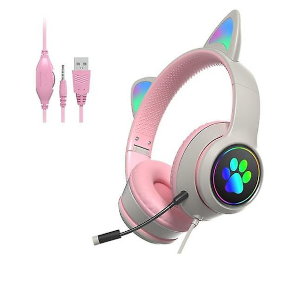 Kablet Gaming Headset Katteøre Hodetelefoner For Datamaskin Rosa Headset med Støyreduserende Mikrofon