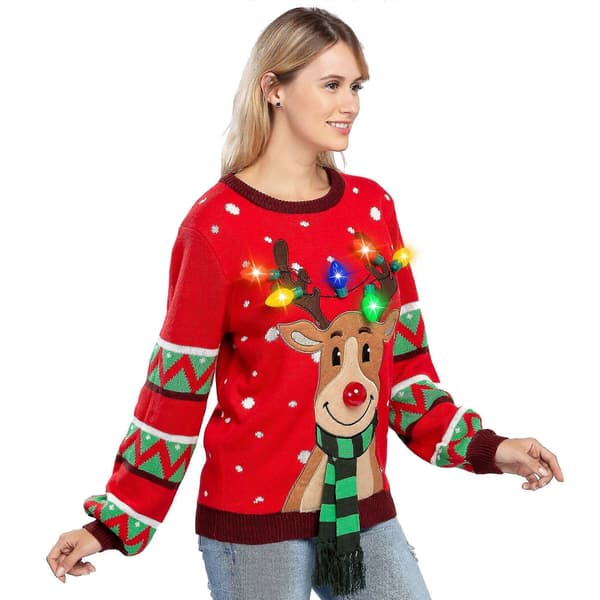 Dames LED-oplyst rensdyr grim julesweater med indbyggede lyspærer (Medium, Rød) - ya01 L