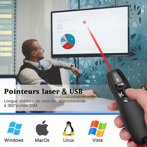 Presentatør 2,4 GHz trådløs presentatør med USB-mottaker, rød laserpeker, presentasjon med fjernkontroll