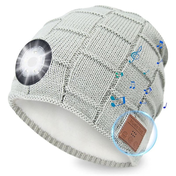 Bluetooth Mössa med Lampa, Unisex USB Uppladdningsbar LED Pannlampsmössa med Hörlurar, Inbyggd Högtalare och Mikrofon Vinterstickad Nattlampa