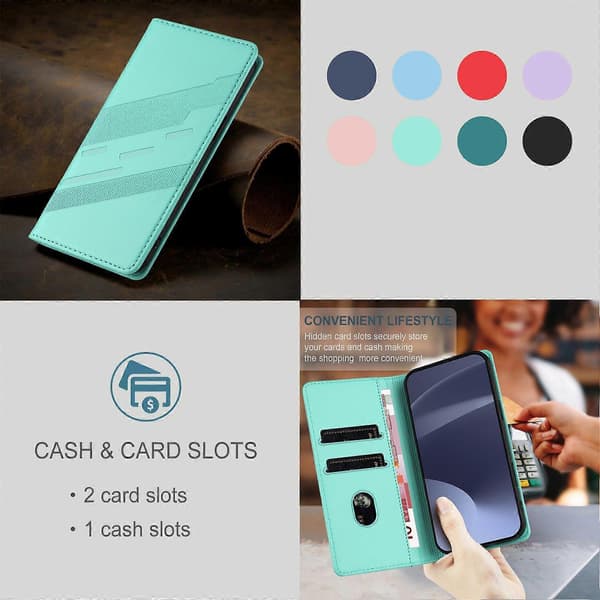 [LCS]Etui til iPhone 15, blødt PU-læder Folio Flip Kickstand Stødsikkert telefonetui - Mørkegrøn Mint Green