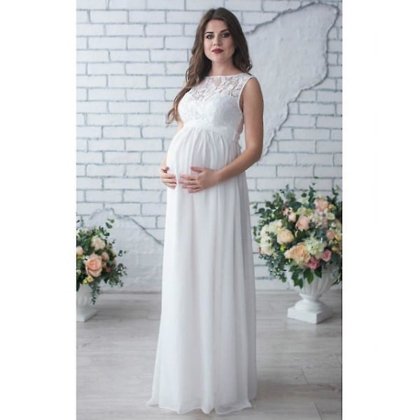Gravidfotografi rekvisita Kvinnor Gravidkläder, Spetsklänning för gravida White without Sleeve XL