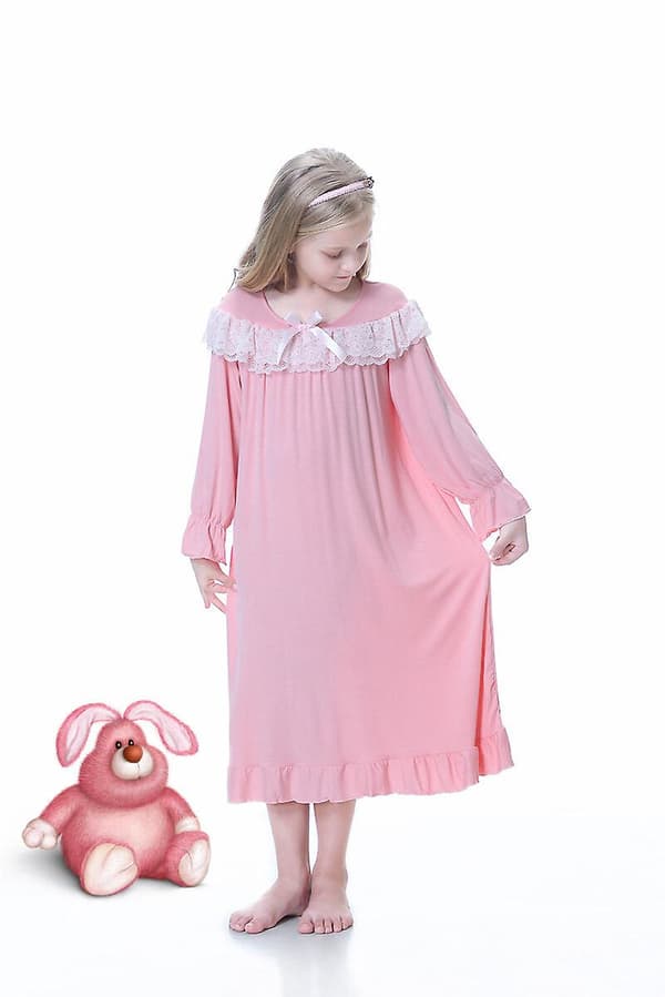[LCS] Flicknattlinnen Långärmade Sovkläder Bekväm Prinsessklänning pink 100