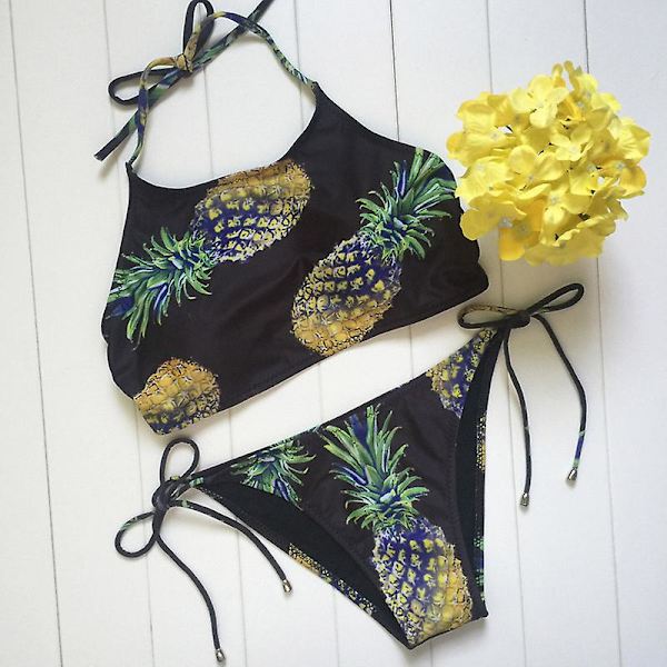 Sexig Dam Ananas Tryckt Halter Bandage Vadderad Bikini Set Baddräkt Strandkläder L