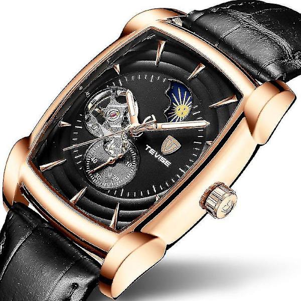 TEVISE T802D Månfas Automatisk Mekanisk Klocka Självlysande Läderarmband Herr W