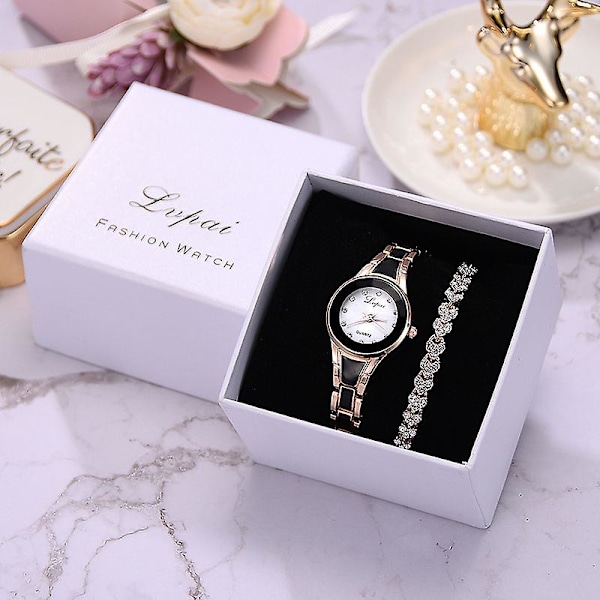 Dame Quartz Ur Armbåndsæt Med Tynd Legeringsrem Skinnende Armbånd Med Æske Rose Gold Black