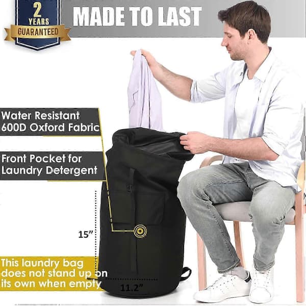 Ekstra stor kraftig vaskepose, 115l vaskeryggsekk, solid vaskepose med stropper svart [MI] Black