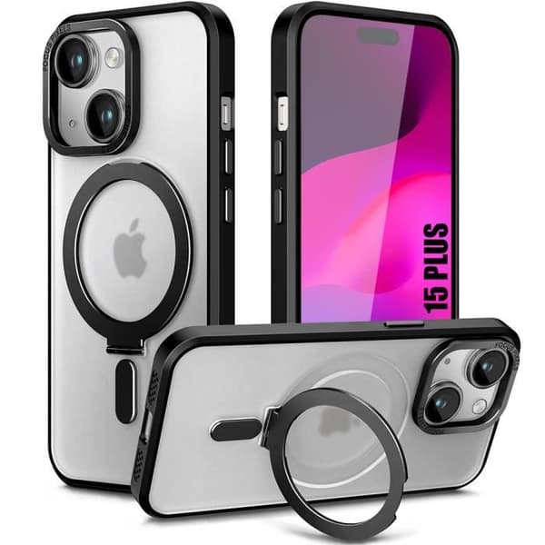 [LCS] Case - BOOLING - for iPhone 15 Plus - Shock Absorbing - Magnetic Ring Stand - Black Svart