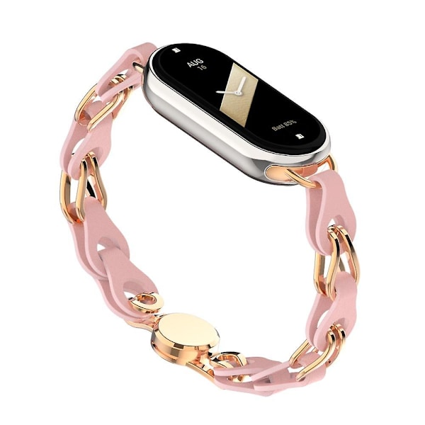 För Xiaomi Smart Band 8 Magnetiskt Armband Äkta Läder+Kedjearmband i Aluminiumlegering Pink