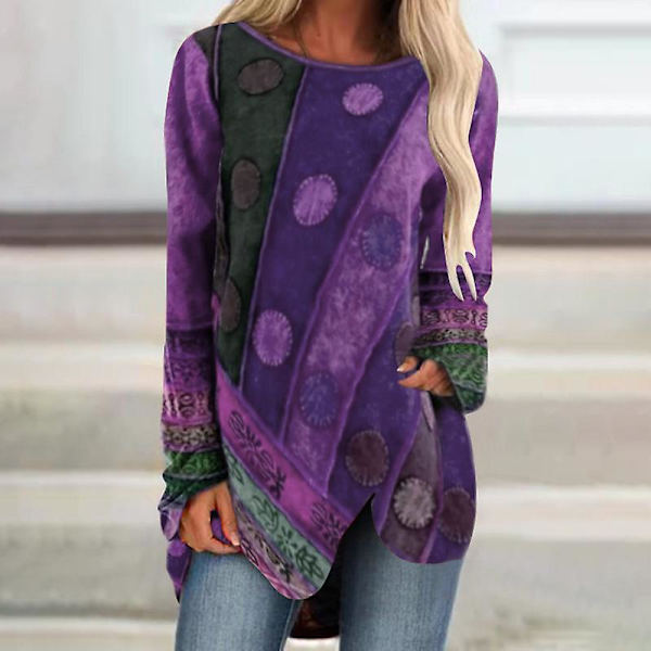 Vintage Print Uregelmæssig Top Dame Casual Langærmet Løs Oversize Pullover Rund Hals Top Efterår Purple 2XL