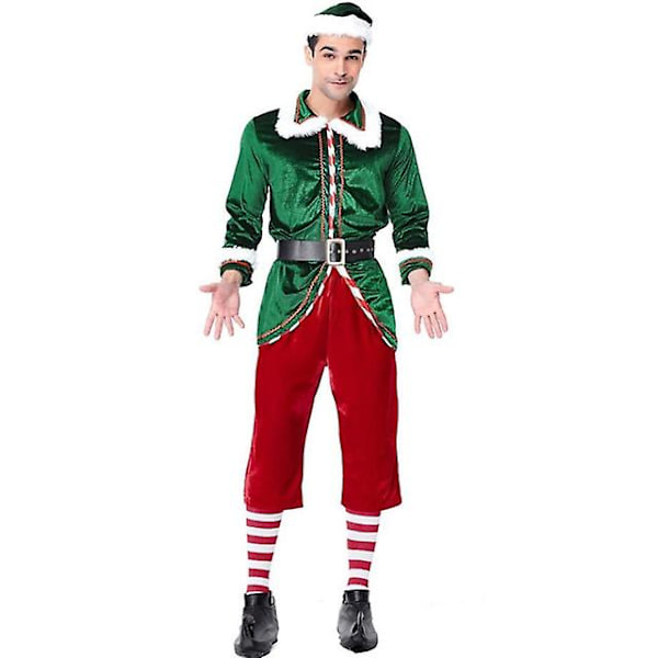 Grön Älv Juldräkt Cosplay Par Santa Claus Uniform För Vuxen Man Kvinna Högtid Fancy Jul Party Klänningsset Men M
