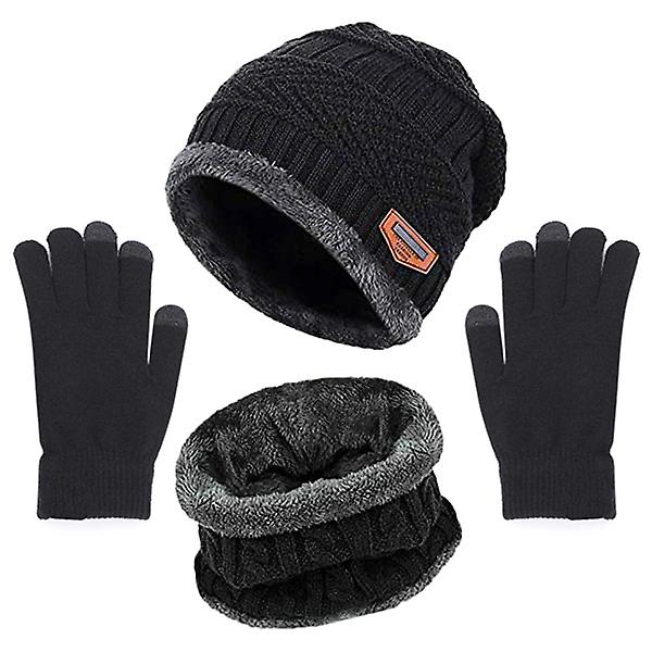 Vinter varm mössa Halsdukshandskar set Unisex vinter varm stickad mössa Halshandske för män Hat Black Three-piece Suit