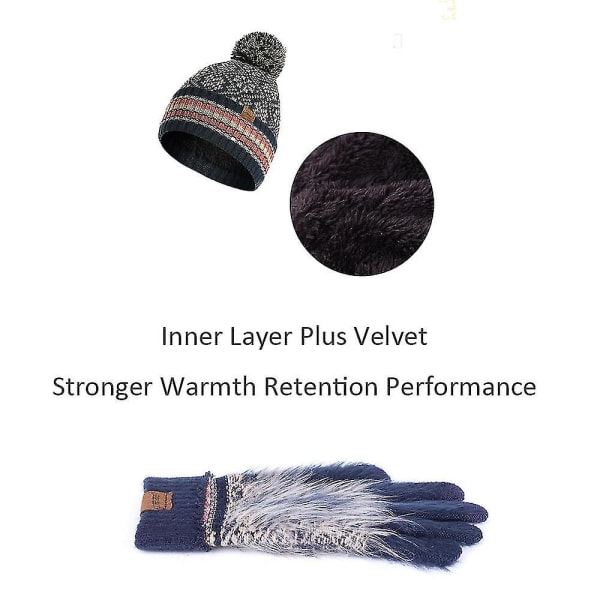 3 stk. Unisex Pompom Hue Halstørklæde Handsker Sæt Jacquard Plysforet Beige