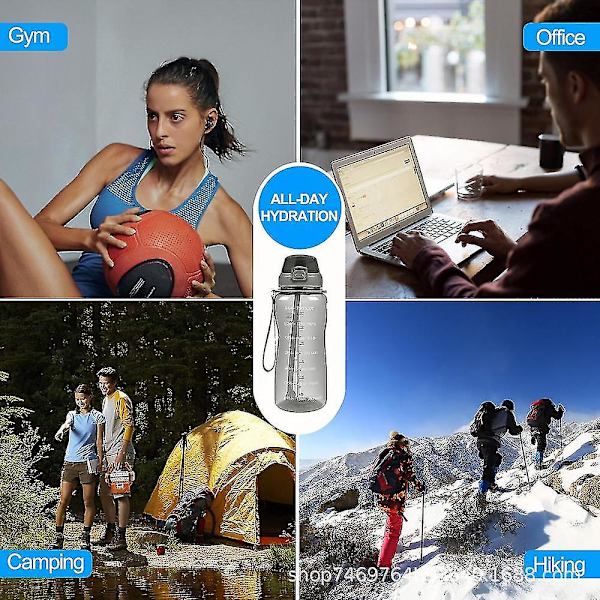 2000ml Motiverande Vattenflaska, Gym och Utomhussporter Gray