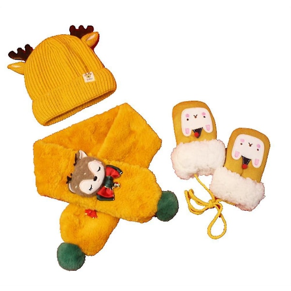 3 st Barn Vinter Varma Handskar Halsduk Mössa Set Yellow