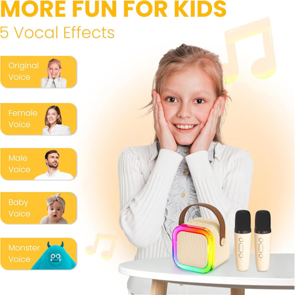 Karaokemaskin for barn og voksne, bærbar Bluetooth mini karaokemikrofon sanghøyttaler med 2 mikrofoner og lys, leker White