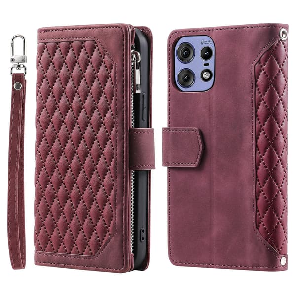 Læderetui med lynlås og gittertekstur til Motorola Edge 50 Pro Wine Red