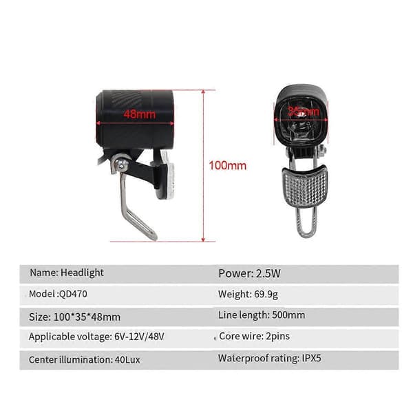 QD470 E-sykkel LED-frontlykt 6/12/24/36/48/60V Sykkelys E-sykkel LED-frontlykt Black