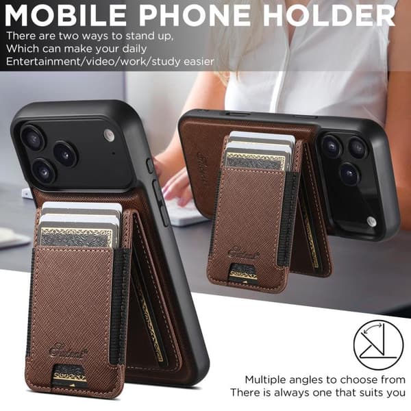 [LCS]iPhone 17 Case - Cross Grain Leather with MagSafe and Detachable Wallet Brun
