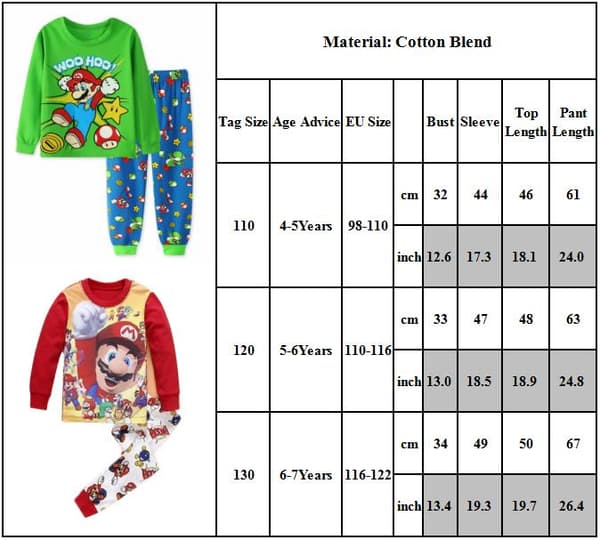 1 Sæt Børne Pyjamas Super Mario Langærmet Pullover Sæt Nattøj B B 120cm