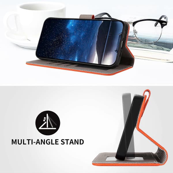 [LCS] iPhone 17 Pro -nahkakotelo, yksivärinen puhelinkuori lompakolla - Multicolor Orange