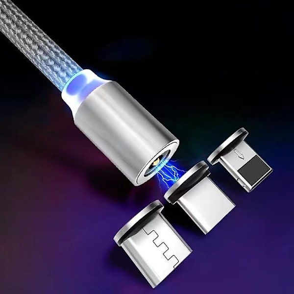 1 M Grå 1in3 Ladekabel Magnetisk Ledning Mobiltelefon Tre-i-en Opladning Kompatibel med Huawei Xiaomi Android Apple Kabel