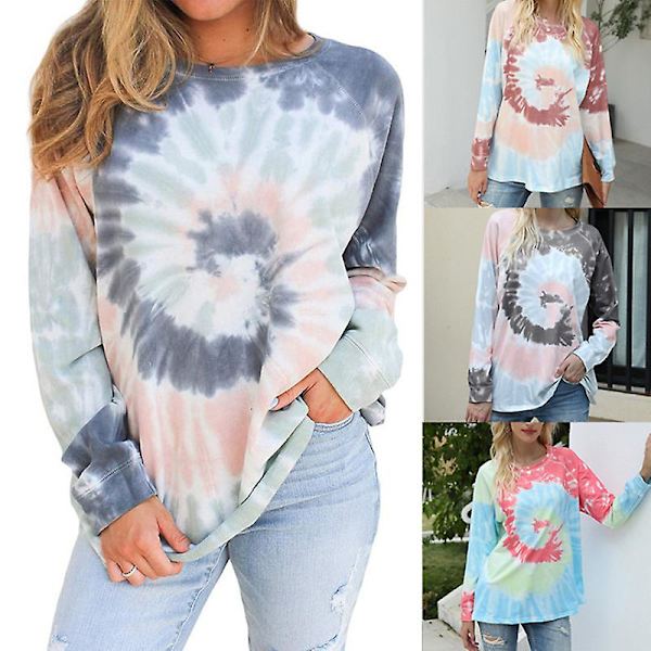Uformell dame fargerik batikkmønstret rund hals langermet løs genser sweatshirt topper Khaki Gray