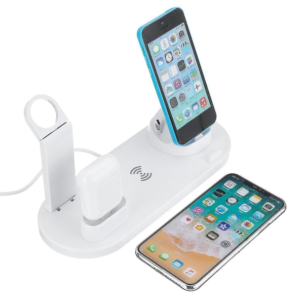 6 i 1 desktop Qi trådløs telefonoplader earbuds oplader ur oplader telefonholder white