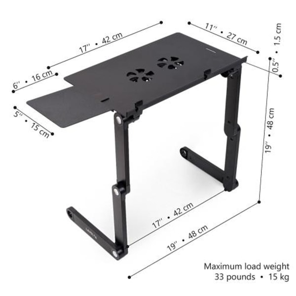 Vikbart fällbart sängbordsställ för dator bärbar datorkylare - 2x fläkt