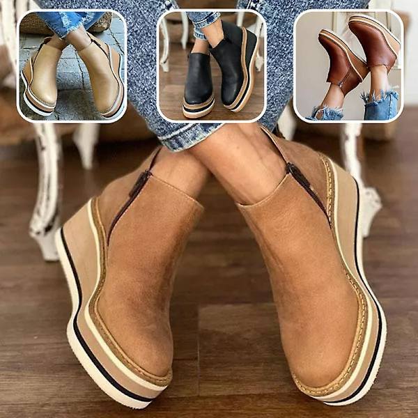Dame Premium Ensfarvede Wedge Ankelstøvler Rund Tå Fodtøj Wedges Casual Sko Moderigtige Khaki 43
