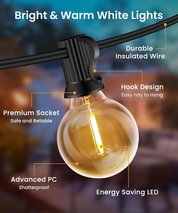 [LCS]20m Outdoor String Lights, 30+2 Bulbs, Shatterproof and Waterproof, Connectable LED 20M 20M