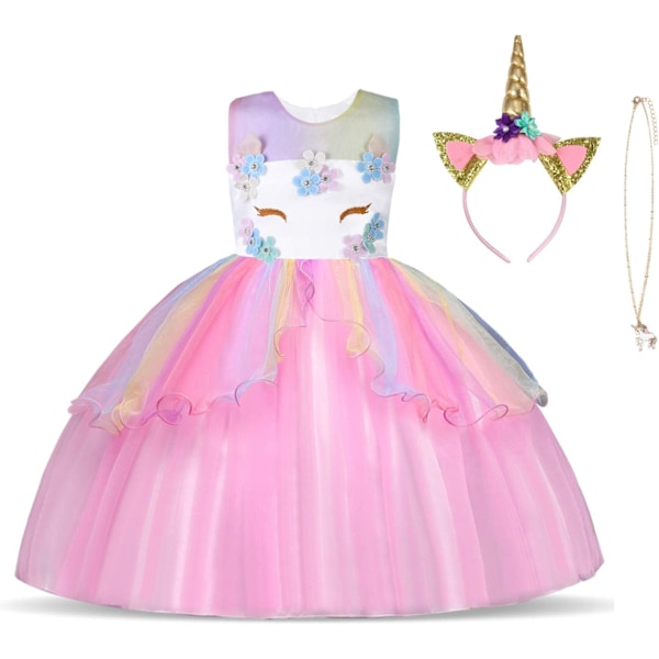 Unicorn-dräkt för barn, Unicorn-kjol för flickor, Ärmlös festklänning för blomsterflickor, Födelsedagskläder, Unicorn-halsband, Unicorn-diadem Rosa B 140 cm for 6–7 years Rosa B