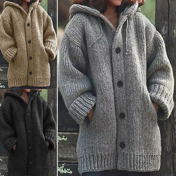 Knäppt Stickad Kofta med Huva Ytterkläder Enfärgad Långärmad För Vinter 4XL